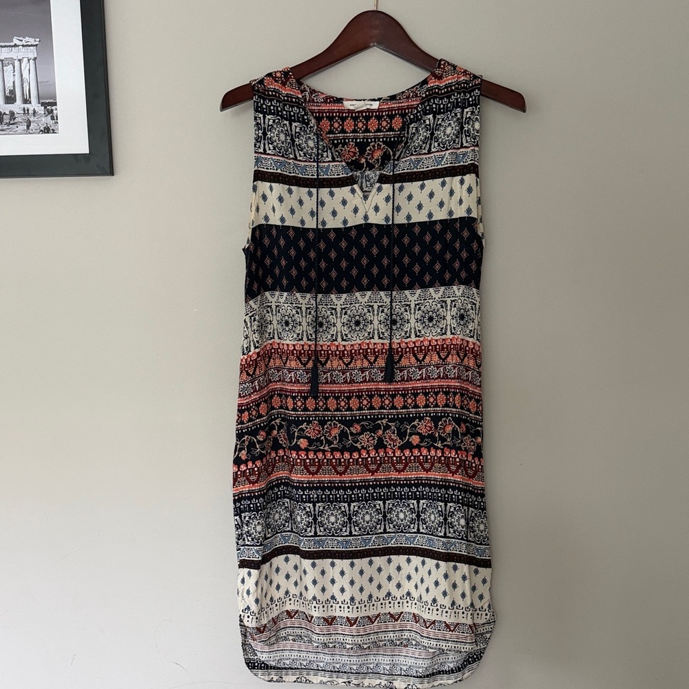 Sleeveless Boho Print Shift Dress in Navy, Cream & Coral